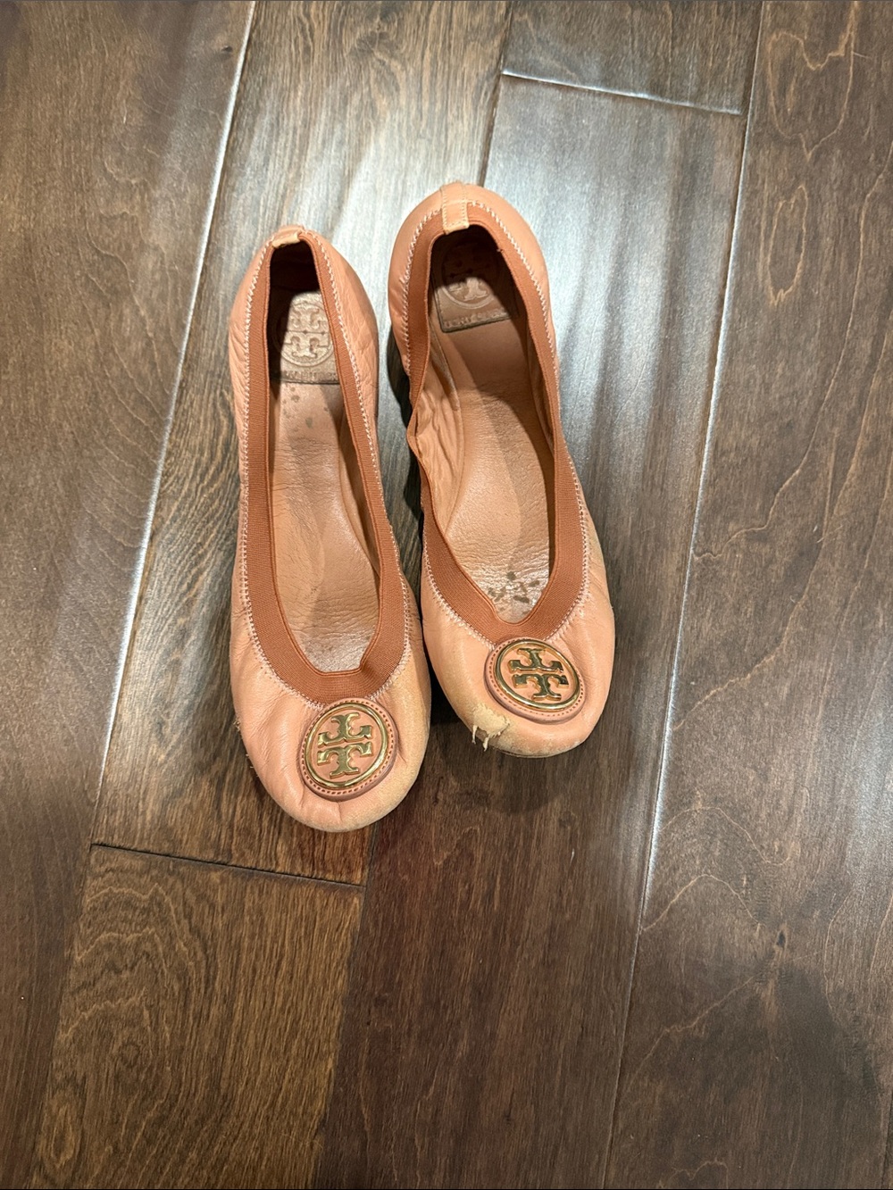 Tory Burch Peach/Tan Leather Logo Ballet Flats